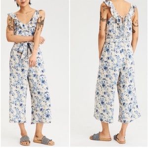 AE Blue floral culottes jumpsuit women size Small